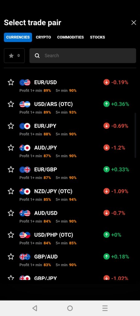 Asset Selection in Quotex Trading App