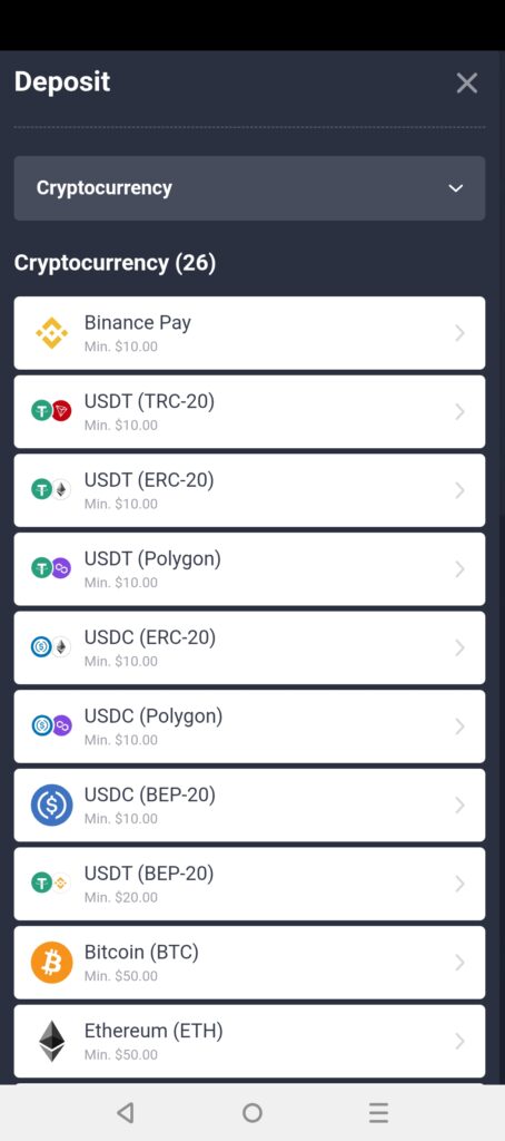 Options for deposit Methods